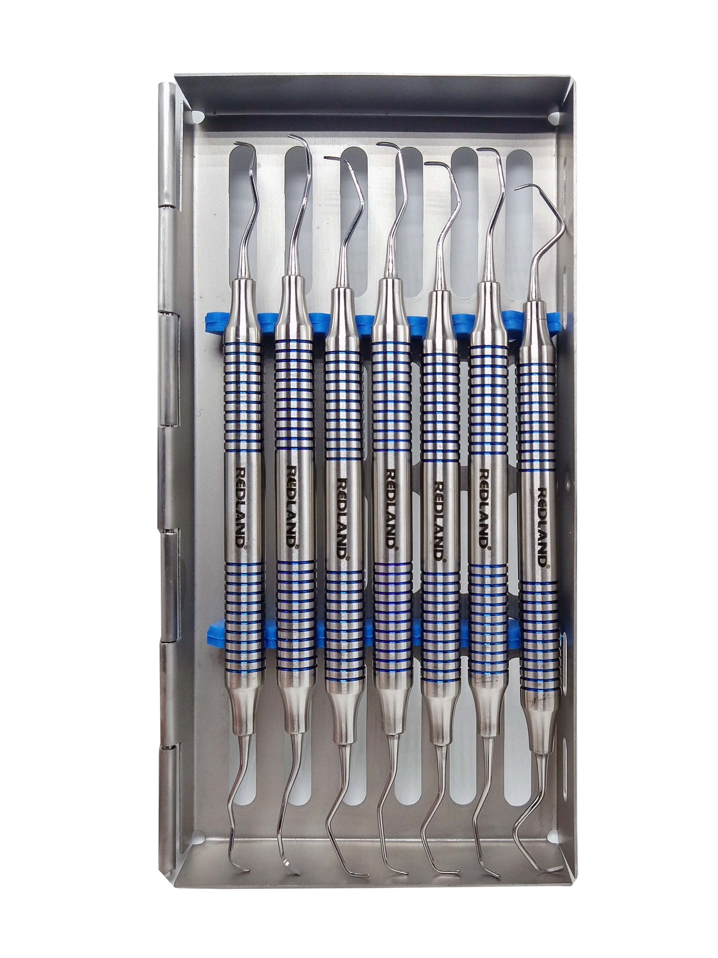 REDLAND DENTAL HYGIENIST SCALER CURETTES AUTOCLAVABLE CASSETTE (7 PC) BLUE AND GOLD LINE