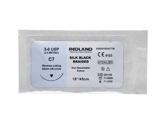 REDLAND Silk Suture Black 3-0 C7 24 mm Needle 18" (Box of 12)