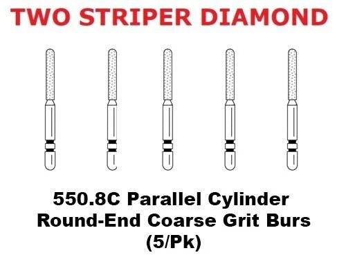 Premier Dental TWO STRIPER Diamond 550.8C Parallel Cylinder Round-End Coars 5/pk