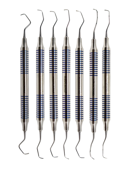 REDLAND DENTAL HYGIENIST  SCALER CURETTES AUTOCLAVABLE CASSETTE (7 PC) BLUE AND GOLD LINE