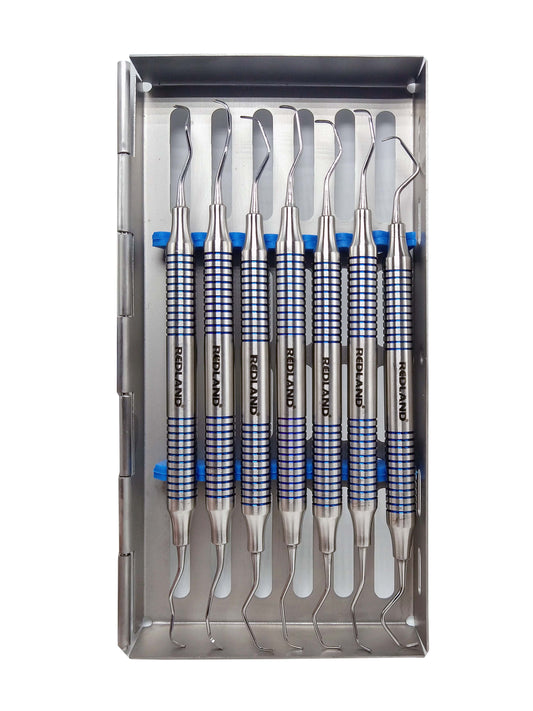 REDLAND DENTAL HYGIENIST  SCALER CURETTES AUTOCLAVABLE CASSETTE (7 PC) BLUE AND GOLD LINE