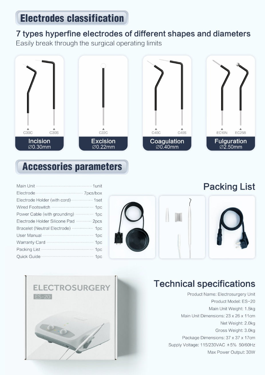 ES-20 Electrosurgery Cutting Unit w/ 7 Electrode Tips (115V unit)