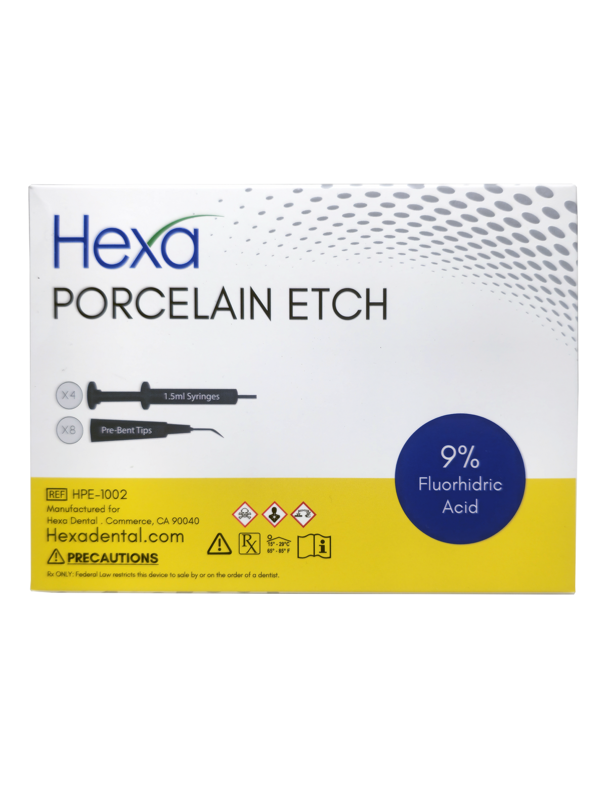Hexa Porcelain Etchant Gel - 9% Hydrofluoric Acid - 4 x 1.5 mL Syringes + 8 Pre-Bent Tips