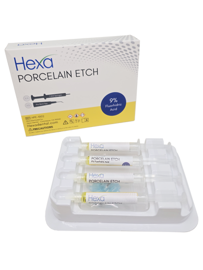 Hexa Porcelain Etchant Gel - 9% Hydrofluoric Acid - 4 x 1.5 mL Syringes + 8 Pre-Bent Tips