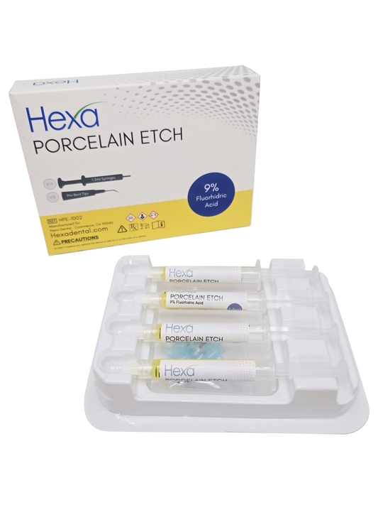 Hexa Porcelain Etchant Gel - 9% Hydrofluoric Acid - 4 x 1.5 mL Syringes + 8 Pre-Bent Tips