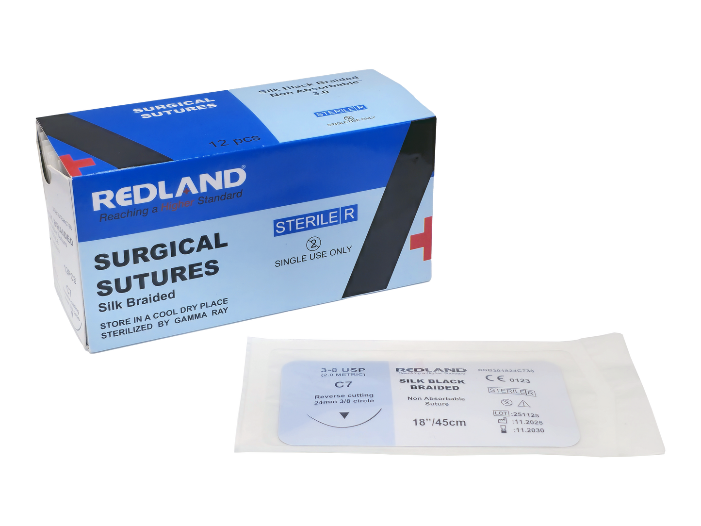 REDLAND Silk Suture Black 3-0 C7 24 mm Needle 18"  (Box of 12)