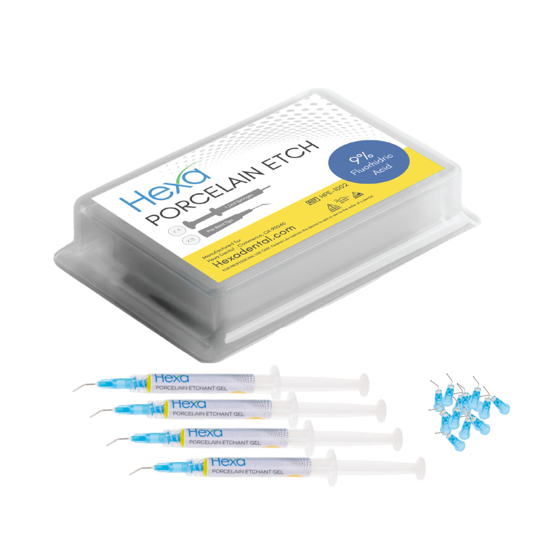 Hexa Porcelain Etchant Gel - 9% Hydrofluoric Acid - 4 x 1.5 mL Syringes + 8 Pre-Bent Tips