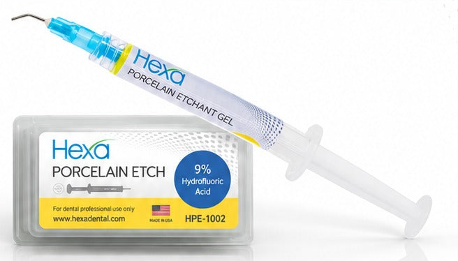 Hexa Porcelain Etchant Gel - 9% Hydrofluoric Acid - 4 x 1.5 mL Syringes + 8 Pre-Bent Tips