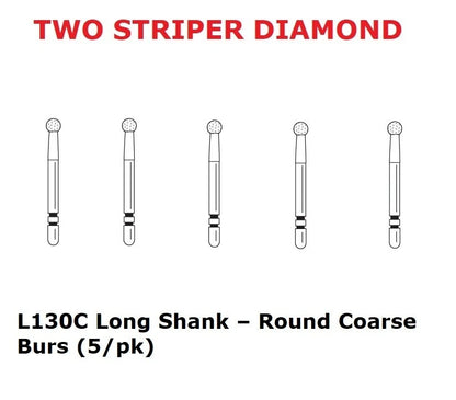 Premier Dental TWO STRIPER Diamond L130C Long Shank – Round Coarse Burs (5/Pk)
