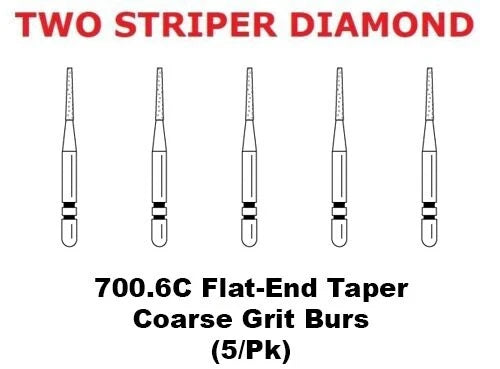 Premier Dental TWO STRIPER Diamond 700.6C Flat-End Taper Coarse Grit Burs (5/pk)