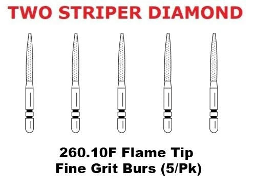 Premier Dental TWO STRIPER Diamond 260.10F Flame Tip Fine Grit Burs (5/Pk)