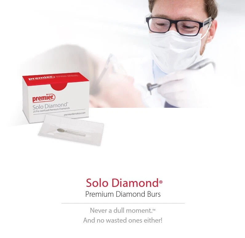 Premier Dental SOLO Premium Diamond Burs Round-End Taper 855016M 25pcs USA