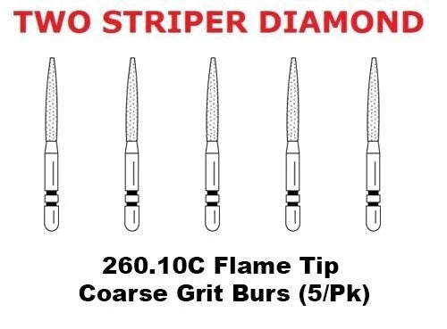 Premier Dental TWO STRIPER Diamond 260.10C Flame Tip Coarse Grit Burs (5/Pk)