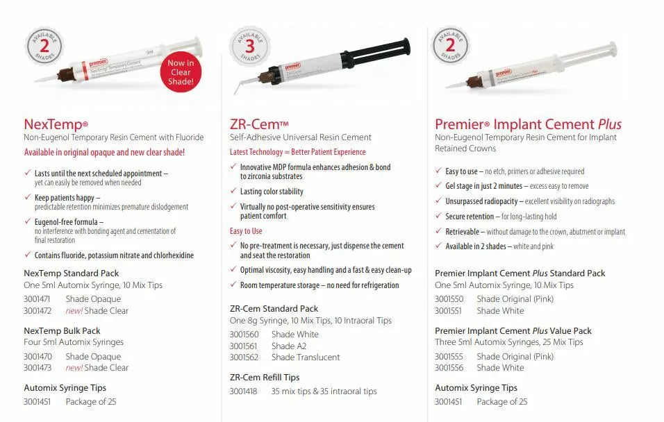 Premier Dental Implant Cement For Implant Retained crowns 3x5 mL Syringe + 25Tip
