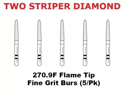 Premier Dental TWO STRIPER Diamond 270.9F Flame Tip Fine Grit Burs (5/Pk)