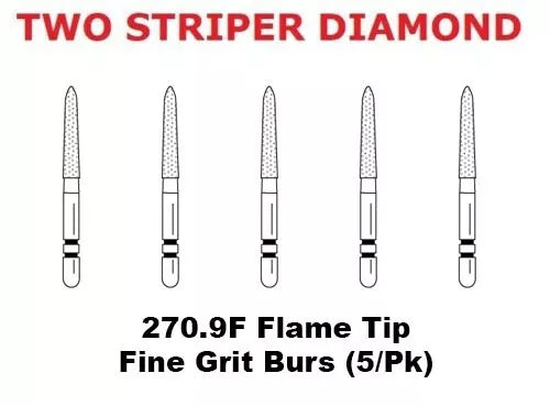 Premier Dental TWO STRIPER Diamond 270.9F Flame Tip Fine Grit Burs (5/Pk)
