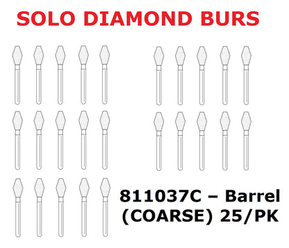 Premier Dental SOLO Premium Diamond Burs BARREL Shape 811037C 25pcs USA