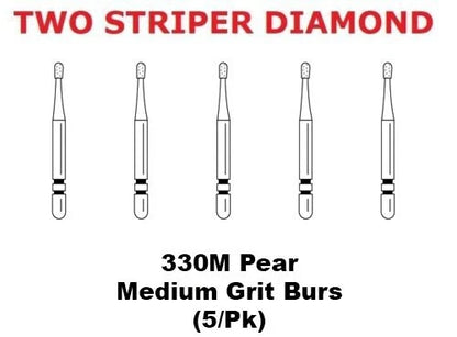 Premier Dental TWO STRIPER Diamond 330M Pear Medium Grit Burs (5/pk)