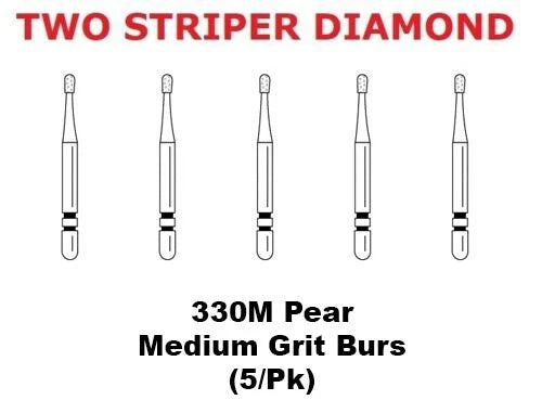 Premier Dental TWO STRIPER Diamond 330M Pear Medium Grit Burs (5/pk)