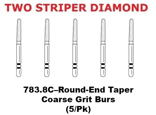 Premier Dental TWO STRIPER Diamond 783.8C–Round-End Taper Coarse Grit Burs 5pk