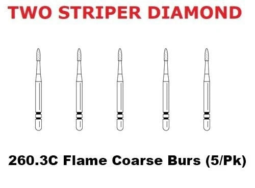 Premier Dental TWO STRIPER Diamond 260.3C – Flame Shape Coarse grit Burs (5/Pk)