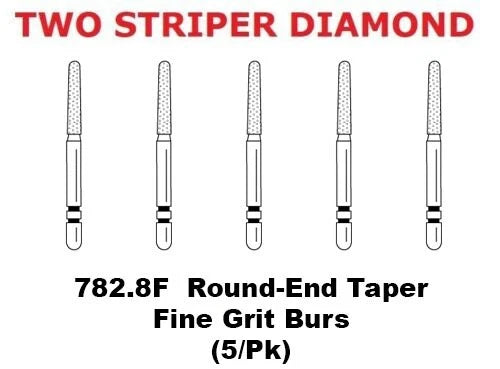 Premier Dental TWO STRIPER Diamond 782.8F Round-End Taper Fine Grit Burs 5/pk