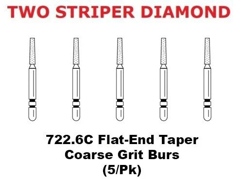 Premier Dental TWO STRIPER Diamond 722.6C Flat-End Taper Coarse Grit Burs 5/pk