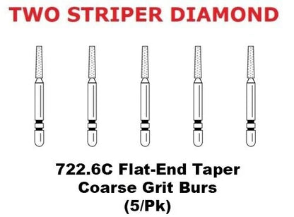 Premier Dental TWO STRIPER Diamond 722.6C Flat-End Taper Coarse Grit Burs 5/pk